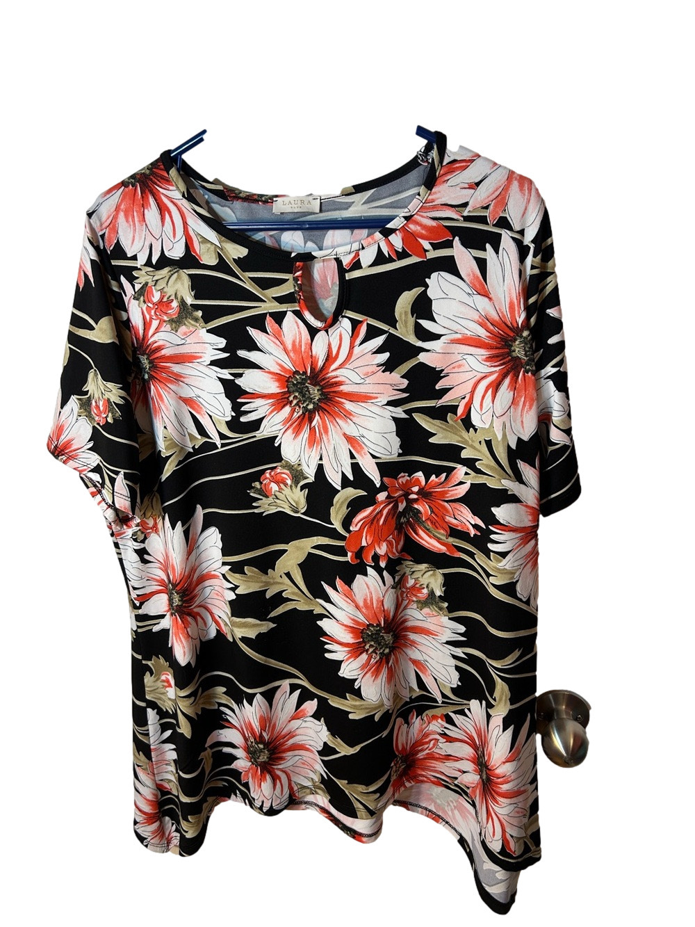 Laura Casual Floral Keyhole Blouse Black with Coral & White Blossoms 2x